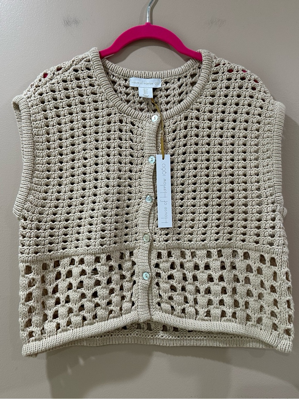 House of Harlow 1960 Cream Crochet Sweater Vest Button Front Boho Open Knit Smal